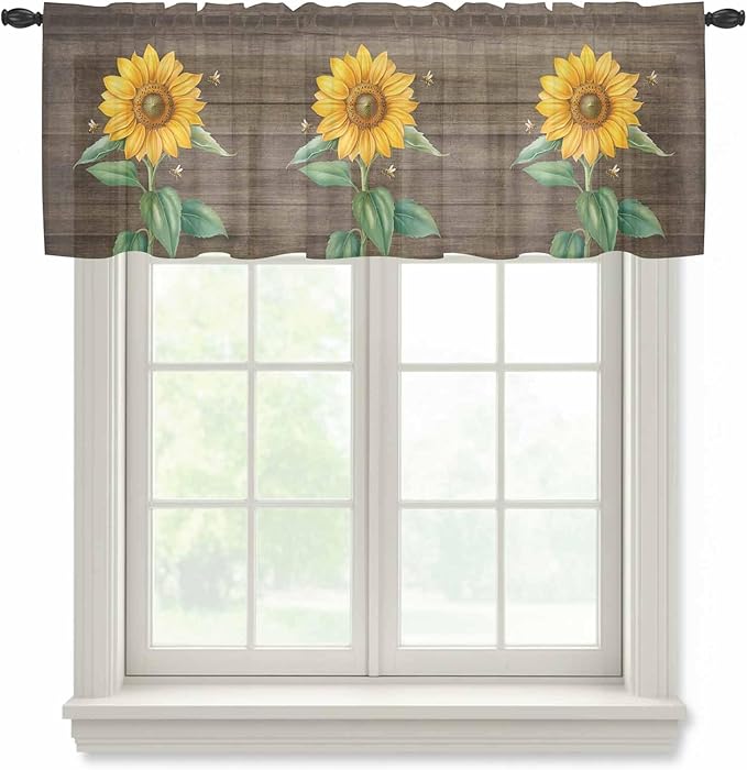 Summer Sunflower Sheer Valance Curtains, Yellow Floral Plants Bees Brown Wood Grain Light Filtering Kitchen Valances Rod Pocket Voile Curtain Window Treatment for Bedroom/Living Room/Basement 54Wx18L