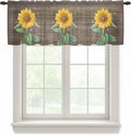 Summer Sunflower Sheer Valance Curtains, Yellow Floral Plants Bees Brown Wood Grain Light Filtering Kitchen Valances Rod Pocket Voile Curtain Window Treatment for Bedroom/Living Room/Basement 60Wx18L