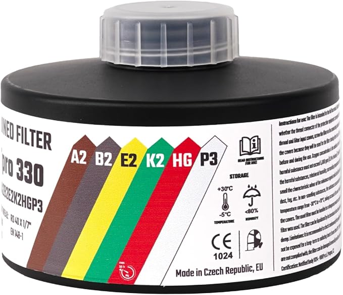 MIRA Safety - DotPro 330 - Industrial Grade Gas Mask Filter | A2 B2 E2 K2 HG P3 Filter Rating | Long Shelf Life | 40mm NATO Filter | Fits CBRN Gas Masks