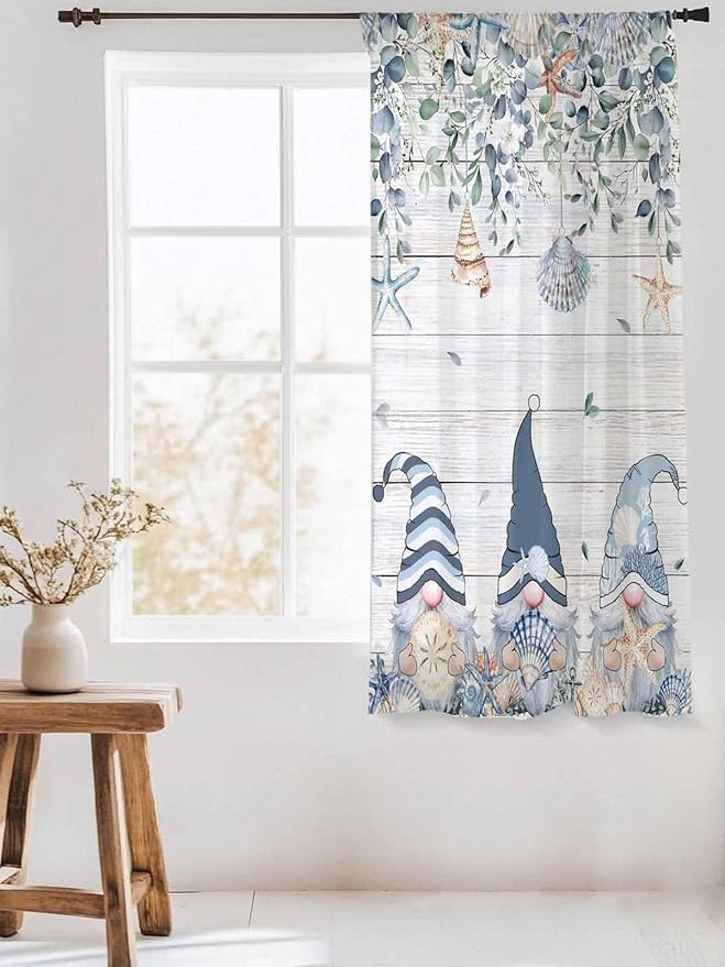 Sheer Curtains 72 Inches Long, Coastal Eucalyptus Leaf Semi Sheer Curtains Light Filtering Window Treatment, Ocean Blue Gnomes Starfish Wood Grain Privacy Voile Drapes for Living Room 52x72 Inch