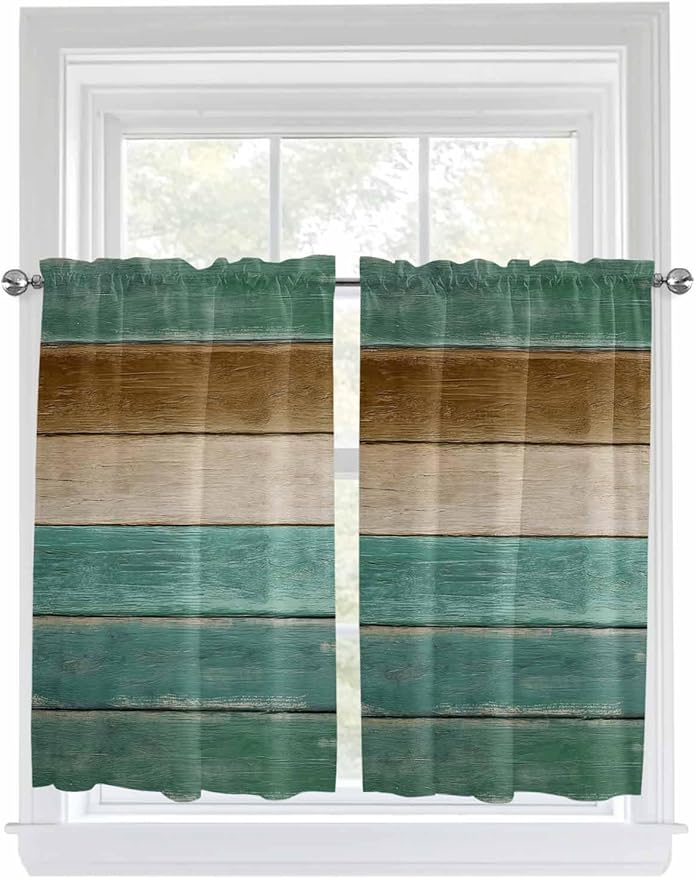Vintage Plank Turquoise Brown Window Valance Curtains, Farmhouse Wood Grain Light Filtering Kitchen Valance with 3-inch Rod Pocket for Living Room Bathroom Bedroom,2 Panel,52x54In
