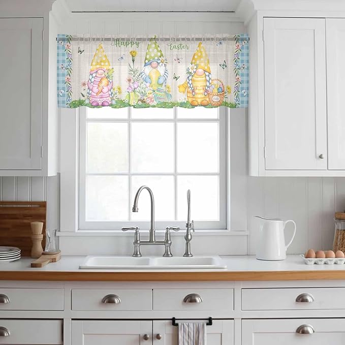 Easter Sheer Valances for Windows 60"x18", Light Filtering Kitchen Curtains Valance, Gnomes Colorful Eggs Butterfly Flowers Blue Check Rod Pocket Chiffon Curtains for Living Room Bedroom Cafe
