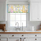 Easter Sheer Valances for Windows 42"x18", Light Filtering Kitchen Curtains Valance, Gnomes Colorful Eggs Butterfly Flowers Blue Check Rod Pocket Chiffon Curtains for Living Room Bedroom Cafe