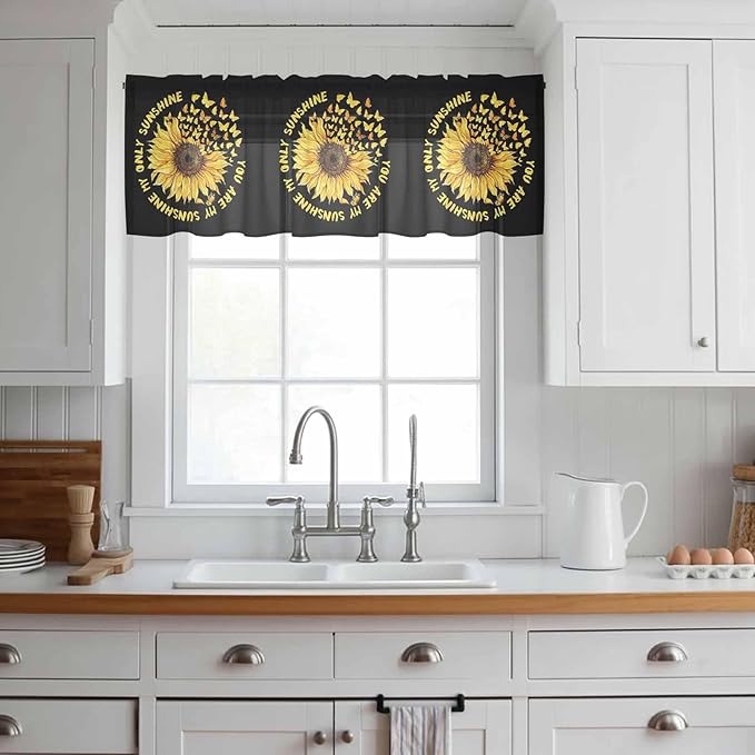 YOU ARE MY SUNSHINE Sheer Valance Curtains, Summer Sunflowers Golden Gradient Butterflies Light Filtering Kitchen Valances Rod Pocket Voile Curtain Treatment for Bedroom/Living Room/Basement 42Wx18L