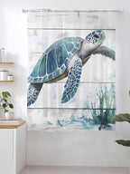 Sheer Curtains 72 Inches Long, Teal Green Sea Turtle Semi Sheer Curtains Light Filtering Window Treatment, Summer Ocean Vintage Wood Grain Privacy Voile Drapes for Living Room Bedroom 52x72 Inch