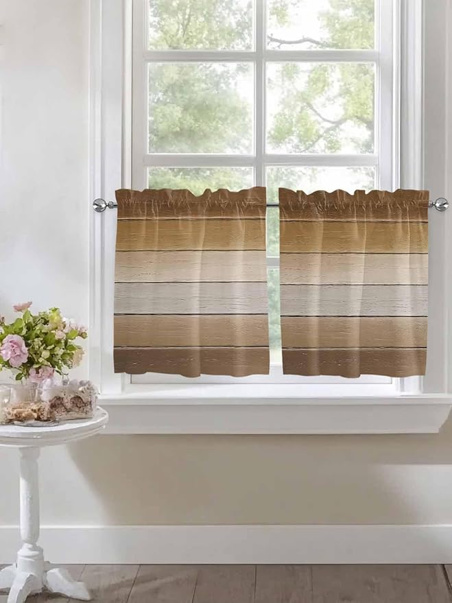 Vintage Brown Gradient Wood Grain Window Valance Curtains, Farmhouse Wood Barn Light Filtering Kitchen Valance with 3-inch Rod Pocket for Living Room Bathroom Bedroom,2 Panel,27.5x36In