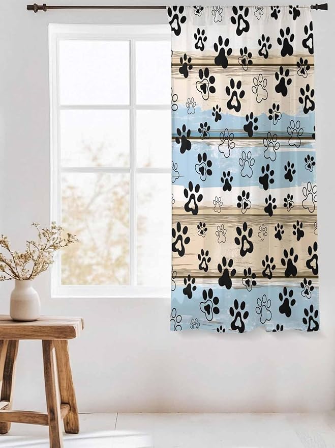 Sheer Curtains 63 Inch Length, Blue Dog Paw Print Semi Sheer Curtains Light Filtering Window Treatment, Vintage Farmhouse Rustic Wooden Grain Privacy Voile Drapes for Living Room Bedroom 52x63 Inch
