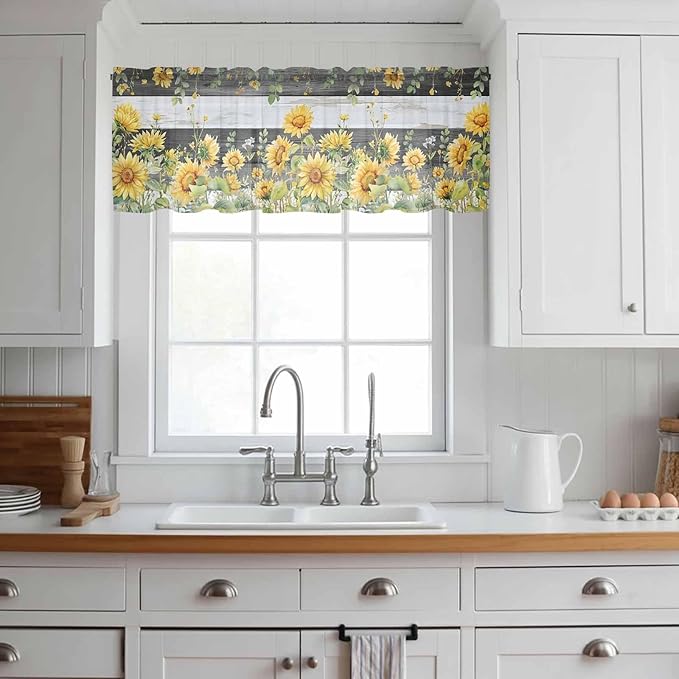 Summer Floral Sheer Valance Curtains, Watercolor Sunflower Eucalyptus Leaves Black Wood Grain Light Filtering Kitchen Valances Rod Pocket Voile Curtain for Bedroom/Living Room/Basement 60Wx18L