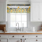Summer Floral Sheer Valance Curtains, Watercolor Sunflower Eucalyptus Leaves Black Wood Grain Light Filtering Kitchen Valances Rod Pocket Voile Curtain for Bedroom/Living Room/Basement 42Wx12L