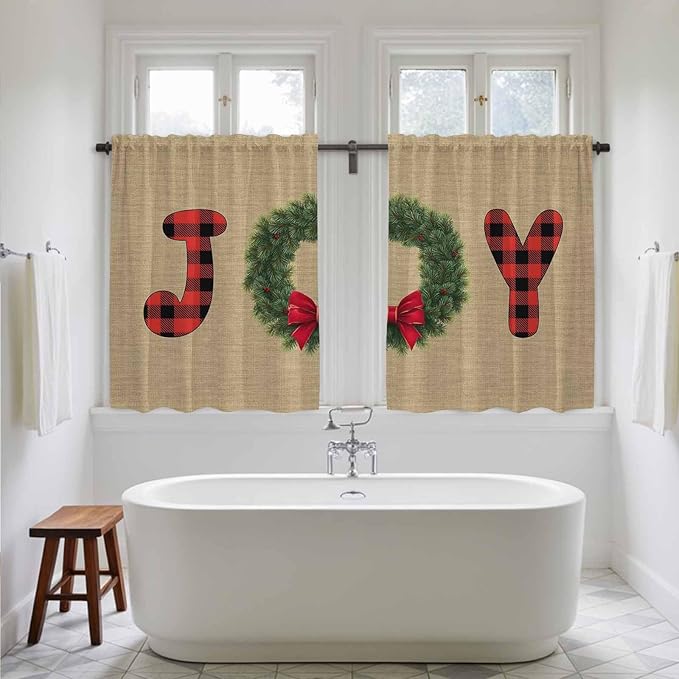 Red Green Christmas Kitchen Curtains 54 Inch Long 2 Panel Set, Rod Pocket Window Curtains Panels, Xmas Botanical Winter Farmhouse Light Filtering Drapery Draperies for Bathroom Bedroom 52"W x 54"L