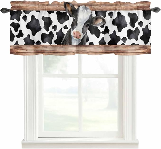 Cow Printed Curtain Valances for Windows, Kitchen Valance Window Treatment, Farmhouse Watercolor Country Wooden Grain Light Filtering Block Curtains for Bathroom/Bedroom/Living Room 42'' x 18''