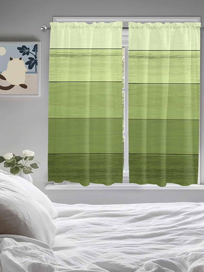 Gradient Green Wooden Board Window Valance Curtains, Retro Country Wood Grain Light Filtering Kitchen Valance with 3-inch Rod Pocket for Living Room Bathroom Bedroom,2 Panel,42x63In