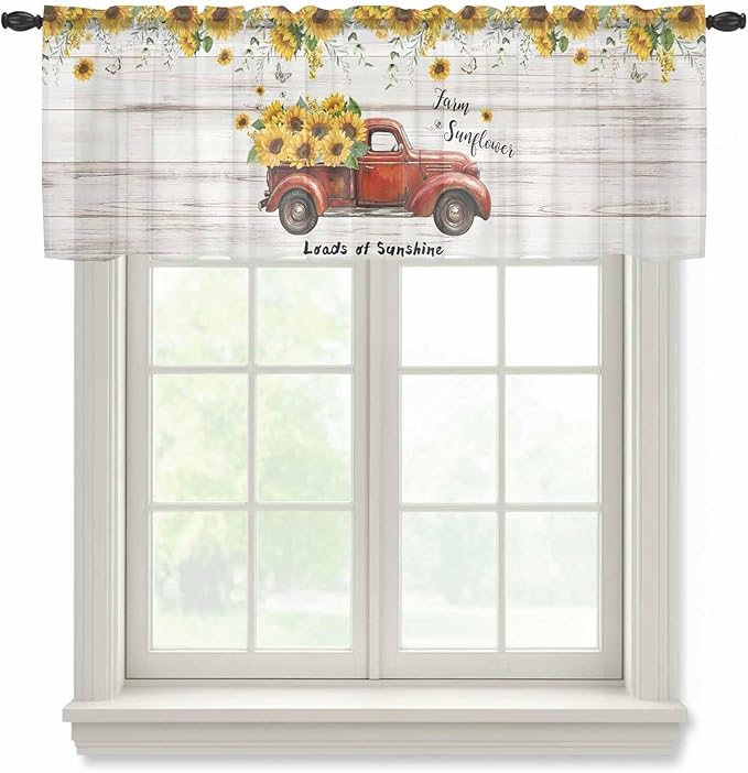 Farmhouses Sunflowers Sheer Valance Curtains, Retro Floral Leaves Red Truck Wood Grain Light Filtering Kitchen Valances Rod Pocket Voile Curtain Treatment for Bedroom/Living Room/Basement 42Wx18L