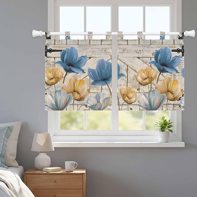 Blue Yellow Tulips Kitchen Curtains 24 Inch Length, Small Window Curtains Tab Top, Retro Farmhouse Flower Barn Doors Wooden Light Filtering Short Window Treatments Tier Drapes 27.5"x24" 2 Panel