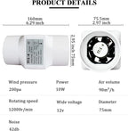 Inline Extractor Duct Fan with Speed Controller 3 inch/75mm Air Diffuser Booster 10W 12V Air Circulation Blower for Greenhouse Attic Wardrobe