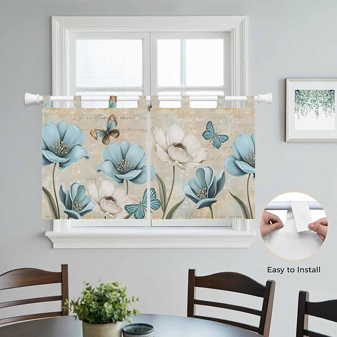 Spring Flowers Kitchen Curtains 24 Inch Length, Small Window Curtains Tab Top, Vintage Rustic Tulips Floral Butterfly Khaki Light Filtering Short Window Treatments Tier Drapes 27.5"x24" 2 Panel