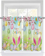 Easter Kitchen Curtains 45 Inches length, Spring Bunny Colorful Rabbit Eggs Butterfly Blue Green Window Treatment Curtain Drapes, Lightweight Window Panels for Living Room Bedroom, 52"x45", 2 Panels