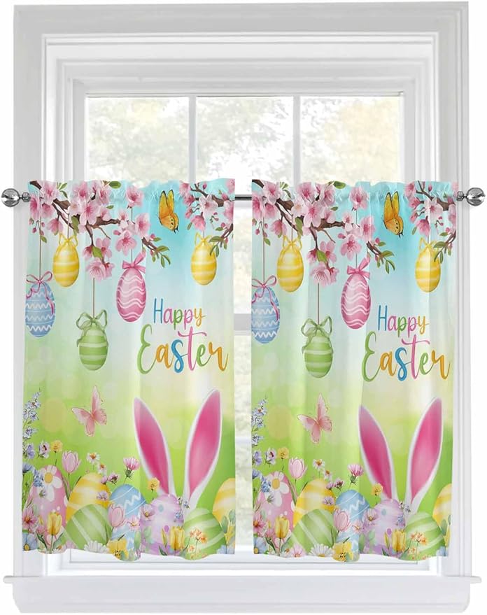 Easter Tier Curtains 45 Inches Long, Spring Bunny Colorful Rabbit Eggs Butterfly Blue Green Window Treatment Curtain Drapes, Small Curtain Drapes for Bathroom Laundry Room, 27.5"x45", 2 Panels