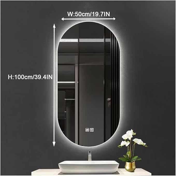 Bathroom Led Mirror ，Bathroom Mirror with LED Lights，LED Mirror for Bathroom，Backlit Bathroom Mirror ，Backlit Lighted Makeup Mirror，with Touch Sensor/Dimming/Demister pad(B,H100*W50cm/H39.4*W19.7IN)