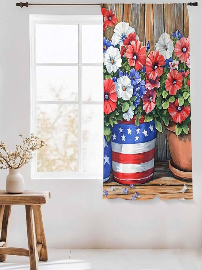Sheer Curtains 72 Inches Long, Red Blue Flower Semi Sheer Curtains Light Filtering Window Treatment, Retro Independence Day Flag Wood Grain Privacy Voile Drapes for Living Room Bedroom 52x72 Inch