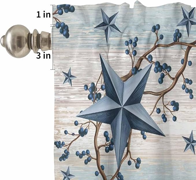 Kitchen Curtains Tiers and Valance Set of 3, Vintage Farmhouse Light Filtering Window Curtain Set, Blue Country Texas Star Vines Wooden Rod Pocket Curtain Drapes for Cafe, Living Room, 24 Inches Tiers