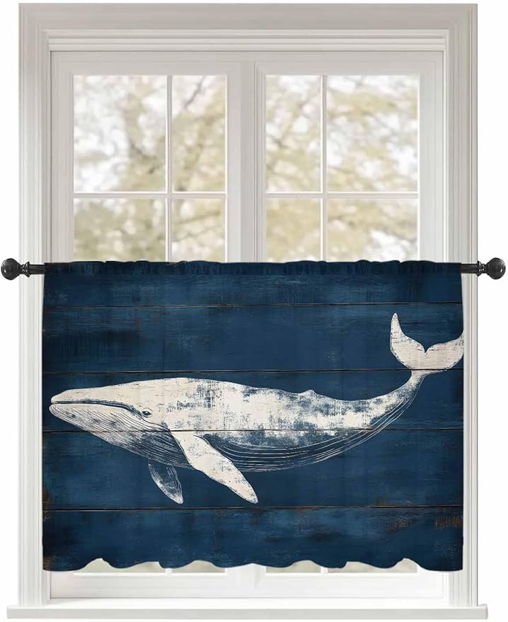 Sheer Curtains 54 Inch Length, Summer Whale Semi Sheer Curtains Light Filtering Window Treatment, Ocean Vintage Wooden Grain Blue Privacy Voile Drapes for Living Room Bedroom 52x54 Inch