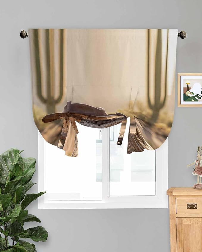 Tie Up Curtains for Windows, Cowboy Western Adjustable Balloon Nature Linen Textured Kitchen Curtain, Cowboy Hats Boots Desert Cacti Vintage Blackout Curtains for Living Room, 46 x 63 Inches