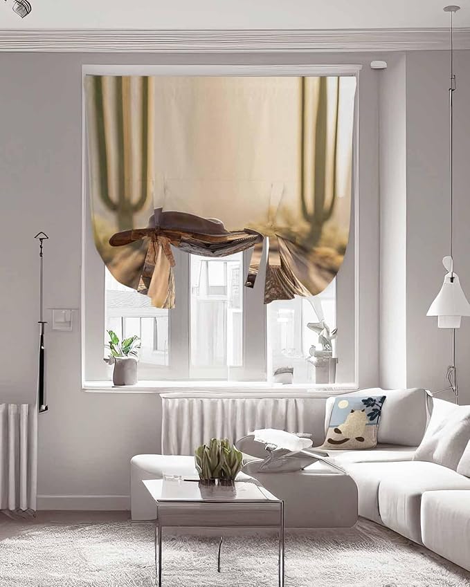Tie Up Curtains for Windows, Cowboy Western Adjustable Balloon Nature Linen Textured Kitchen Curtain, Cowboy Hats Boots Desert Cacti Vintage Room Darkening Curtains for Glass Door, 42 x 45 in
