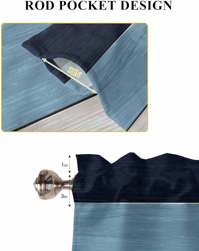 Vintage Country Woodcuts Window Valance Curtains, Blue Gradient Striped Light Filtering Kitchen Valance with 3-inch Rod Pocket for Living Room Bathroom Bedroom,2 Panel,42x54In