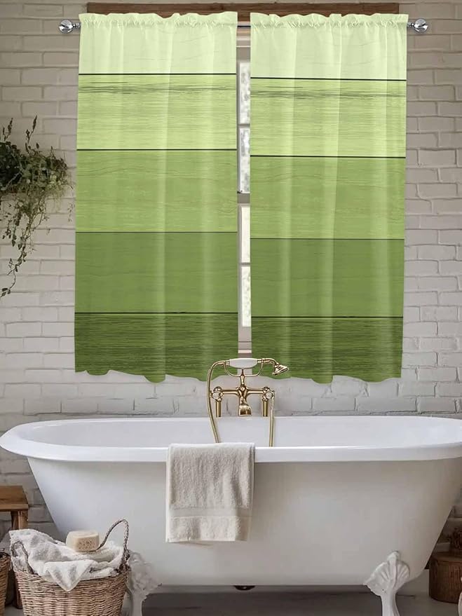 Gradient Green Wooden Board Window Valance Curtains, Retro Country Wood Grain Light Filtering Kitchen Valance with 3-inch Rod Pocket for Living Room Bathroom Bedroom,2 Panel,42x63In