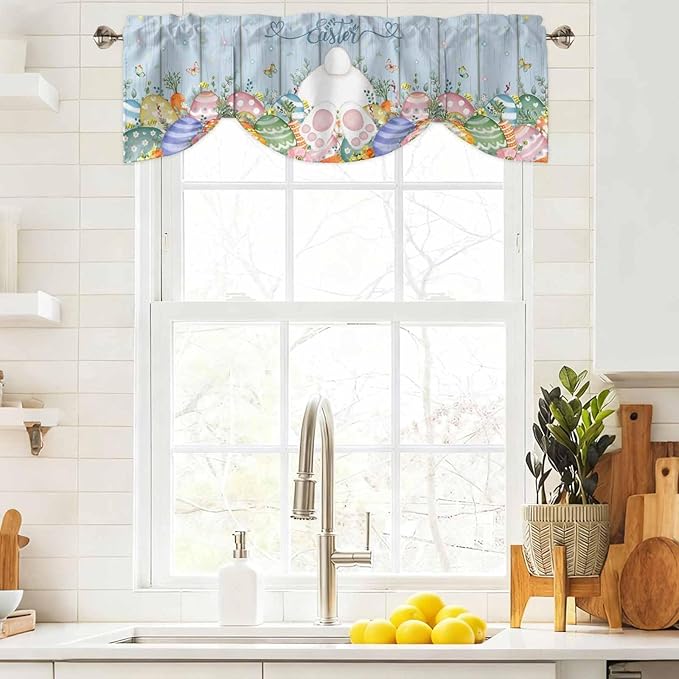 Spring Easter Tie Up Valance Curtains for Windows, Kitchen Curtains Window Shades, Rabbit Ears Foot Colorful Eggs Wooden Plank Light Filtering Roman Curtain Valances for Bedroom/Bathroom/Cafe 42"x18"