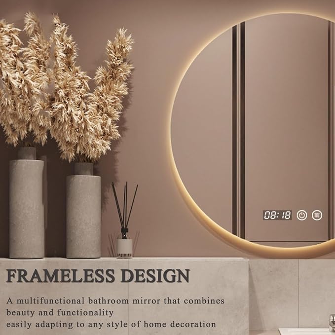 LTSRLL Frameless Illuminated LED Bathroom Wall Mirror with Touch, Demister Pad and Dimmable Lights & 3 Colors for Makeup Shaving and Bath Vanity IP44(Backlight,60cm/23.6in)