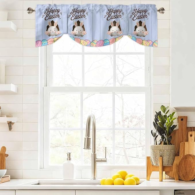 Blue Easter Tie Up Valance Curtains for Windows, Kitchen Curtains Window Shades, Spring Cartoon Bunny Colorful Eggs Wood Grain Light Filtering Roman Curtain Valances for Bedroom/Bathroom/Cafe 54"x18"