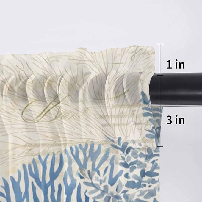 Ocean Corals Sheer Valance Curtains, Summer Beach Coral Sea Stars Retro Texture Light Filtering Kitchen Valances Rod Pocket Voile Curtain Window Treatment for Bedroom/Living Room/Basement 42Wx18L