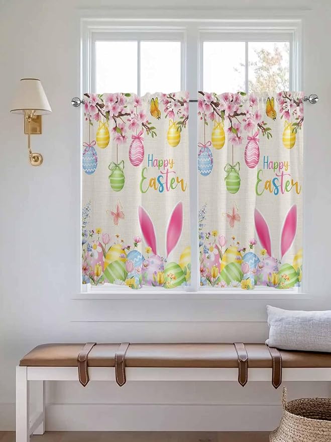 Happy Easter Kitchen Curtains 45 Inches length, Spring Farmhouse Bunny Eggs Flower Beige Window Treatment Curtain Drapes, Lightweight Window Panels for Living Room Bedroom, 52"x45", 2 Panels