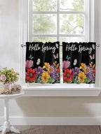 Spring Flowers Half Window Curtains 24 Inches Long, Watercolor Country Colorful Floral Black Window Treatment Curtain Drapes, Short Curtains Tiers for Kitchen Over Sink, 27.5"x24", 2 Panels
