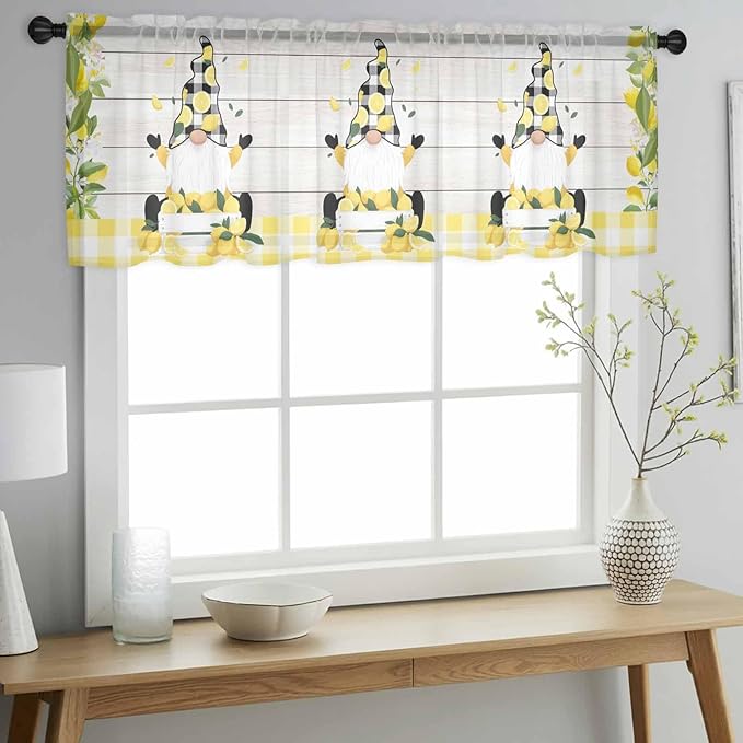 Lemon Dwarfs Sheer Valance Curtains, Gnome Green Leaf Wood Striped Black Plaid Light Filtering Kitchen Valances Rod Pocket Voile Curtain Window Treatment for Bedroom/Living Room/Basement 42Wx12L