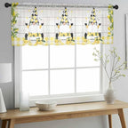 Lemon Dwarfs Sheer Valance Curtains, Gnome Green Leaf Wood Striped Black Plaid Light Filtering Kitchen Valances Rod Pocket Voile Curtain Window Treatment for Bedroom/Living Room/Basement 42Wx12L