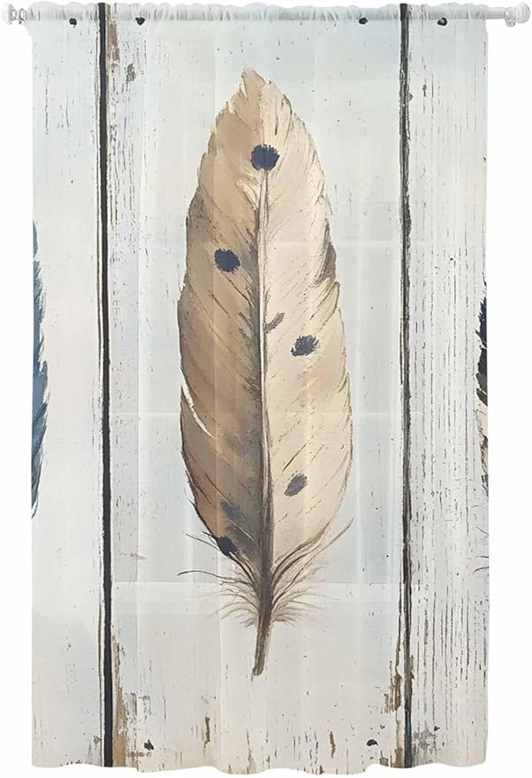 Sheer Curtains 108 Inches Long, Farmhouse Feather Semi Sheer Curtains Light Filtering Window Treatment, Watercolor Vintage Wooden Grain Privacy Voile Drapes for Living Room Bedroom 52x108 Inch