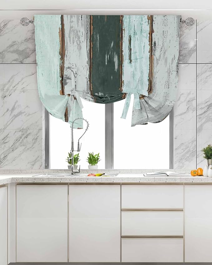 Tie Up Curtains for Windows, Blue Teal Adjustable Balloon Nature Linen Textured Kitchen Curtain, Vintage Wooden Retro Art Farmhouse Barns Blackout Curtains for Living Room, 46 x 63 Inches