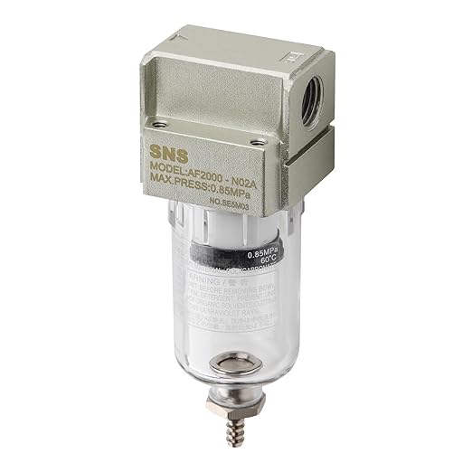 SNS 1/4" NPT Compressed Air Line Filter, 5 Micron Brass Element, Bracket, Poly Bowl,Semi-automatic type 150 psi (AF2000-N02)