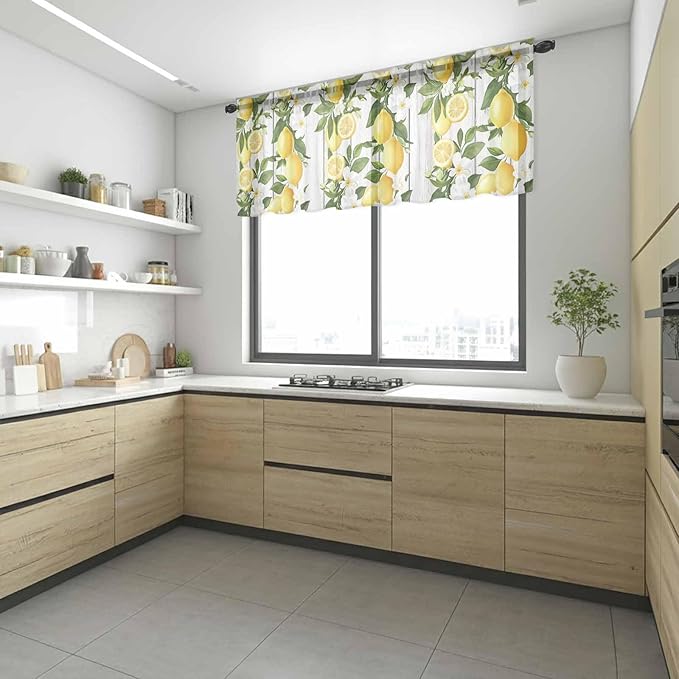 Spring Summer Lemon Sheer Valance Curtains, Leaf Flower White Wood Grain Light Filtering Kitchen Valances Rod Pocket Voile Curtain Window Treatment for Bedroom/Living Room/Basement 60Wx18L