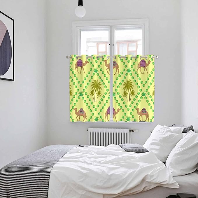 2 Panel Kitchen Cafe Curtains, Desert Sand Camels Sunlight Filtering Nature Air Through, Window Decor Tier Curtains for Living Room 104W x 72L inch Palm Trees Tropical Plants Polka Dot Yellow