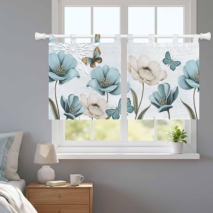 Blue Tulips Kitchen Curtains 24 Inch Length, Small Window Curtains Tab Top, Watercolor Flowers Butterfly Spring Farmhouse Blue Light Filtering Short Window Treatments Tier Drapes 27.5"x24" 2 Panel