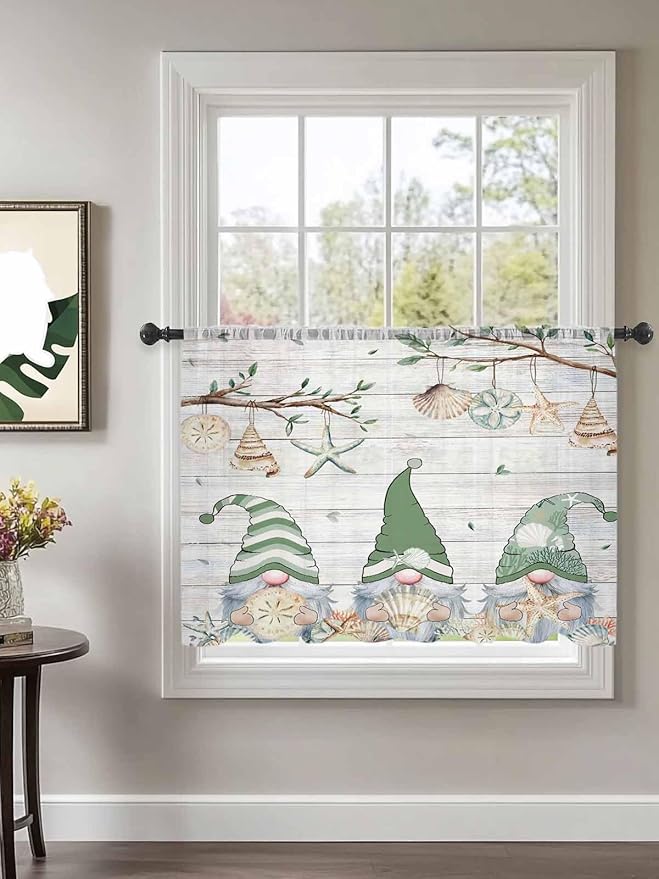 Sheer Curtains 45 Inch Length, Sage Green Gnomes Semi Sheer Curtains Light Filtering Window Treatment, Eucalypus Coastal Anchor Retro Wood Privacy Voile Drapes for Living Room Bedroom 52x45 Inch