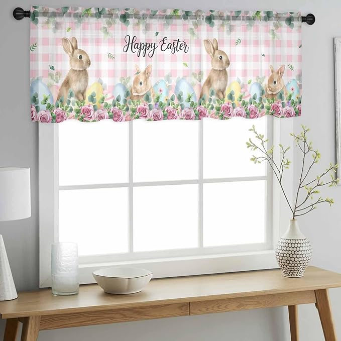 Easter Sheer Valances for Windows 42"x18", Light Filtering Kitchen Curtains Valance, Spring Watercolor Bunny Eggs Flower Leaf Pink Plaid Rod Pocket Chiffon Curtains for Living Room Bedroom Cafe