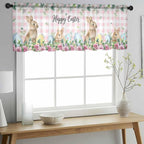 Easter Sheer Valances for Windows 54"x18", Light Filtering Kitchen Curtains Valance, Spring Watercolor Bunny Eggs Flower Leaf Pink Plaid Rod Pocket Chiffon Curtains for Living Room Bedroom Cafe