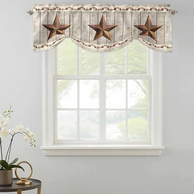 Western Texas Star Retro Tie Up Valance Curtains for Windows, Kitchen Curtains Window Shades, Country Farmhouse Gray Wood Grain Light Filtering Roman Curtain Valances for Bedroom/Bathroom/Cafe 54"x18"