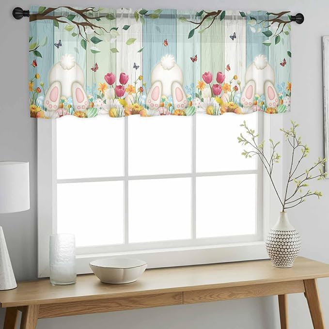 Easter Sheer Valances for Windows 60"x18", Light Filtering Kitchen Curtains Valance, Spring Watercolor Eggs Country Tulip Wooden Grain Rod Pocket Chiffon Curtains for Living Room Bedroom Cafe