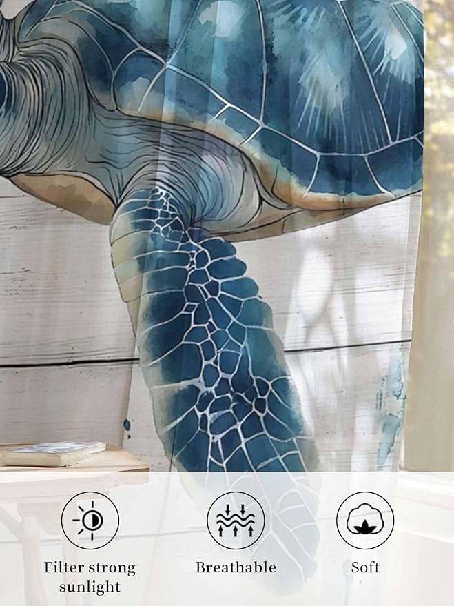 Sheer Curtains 45 Inch Length, Teal Green Ocean Turtle Semi Sheer Curtains Light Filtering Window Treatment, Coastal Seaweed Wood Grain Privacy Voile Drapes for Living Room Bedroom 52x45 Inch
